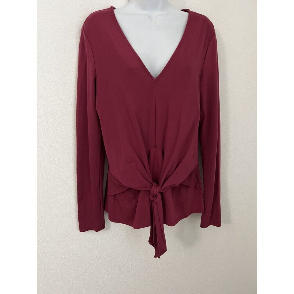 Halogen Women Medium Top Blouse Shirt Purple V Neck Stretch Front Tie Career